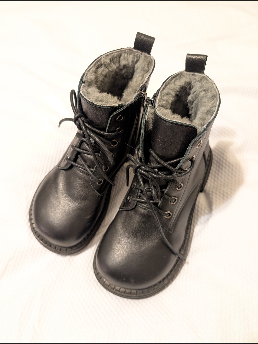 Women's Black Leather Shearling Combat Boots with Wool Lining